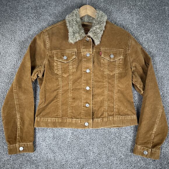 Vtg Levis Jacket Misses M Golden Brown Corduroy Type 3 Trucker Faux Fur Collar - Picture 1 of 11